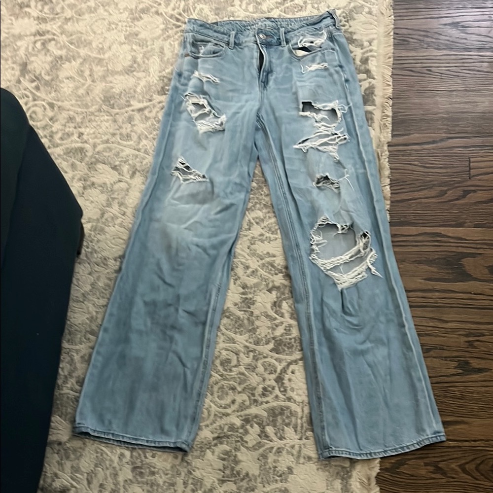 SHEIN Blue Flare Wide Leg Jeans with Distressed Details